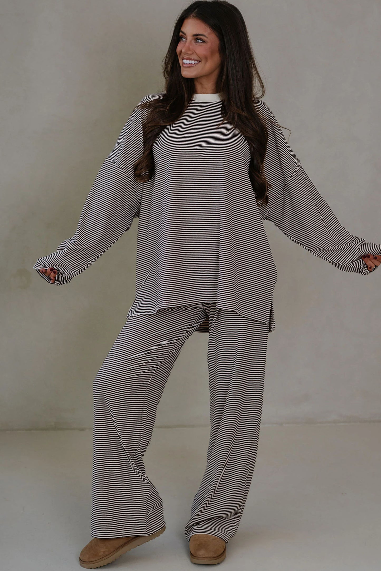 Pink Striped Drop Shoulder Long Sleeve Pant Set