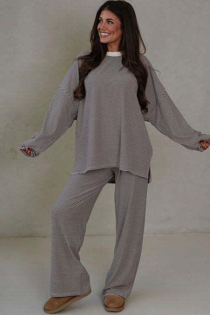 Pink Striped Drop Shoulder Long Sleeve Pant Set
