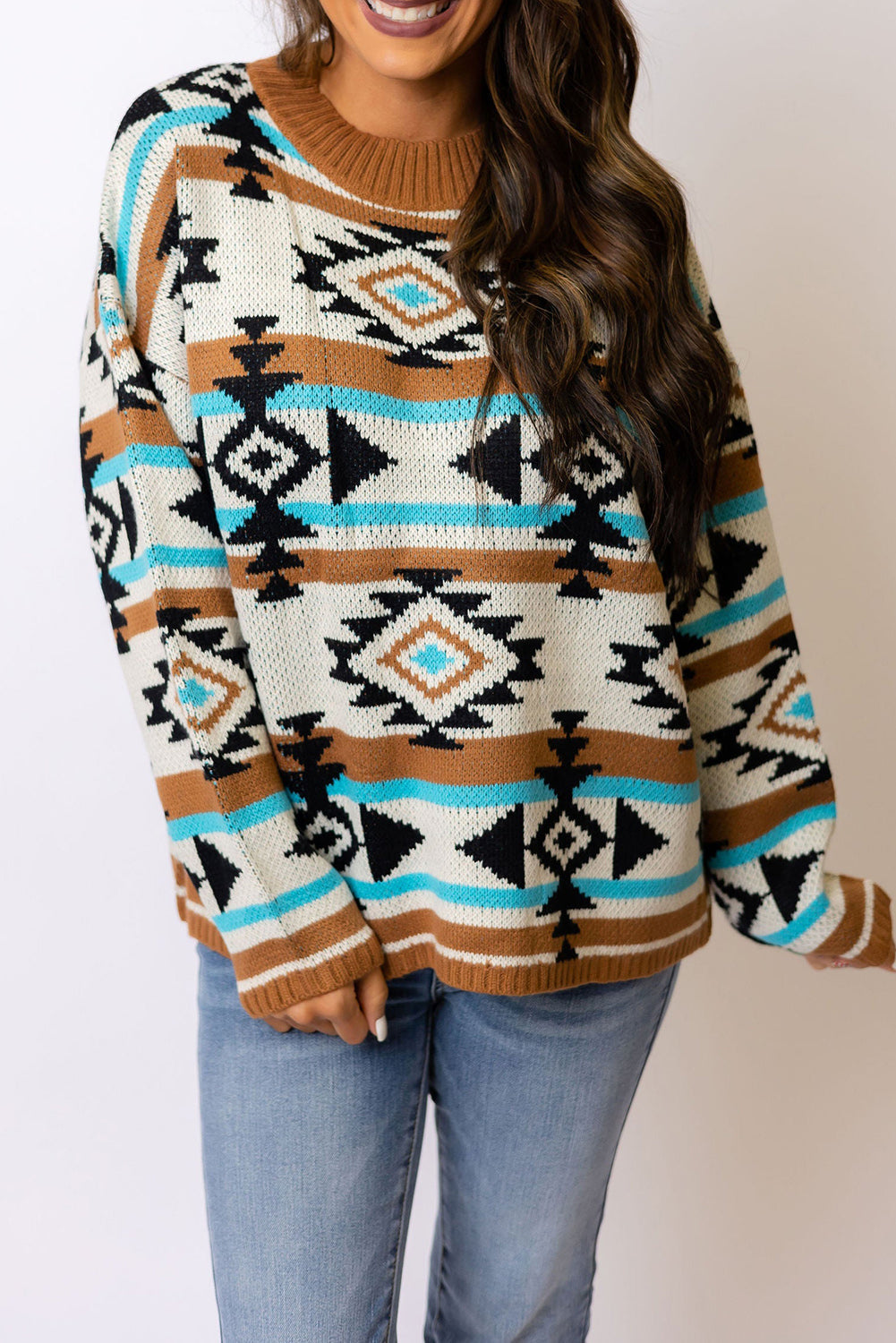 Geometric Striped Knit Ribbed Trim Sweater