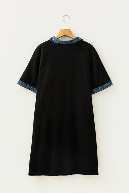 Black Colorblock Denim Collar Short Sleeve Plus Size Shift Dress