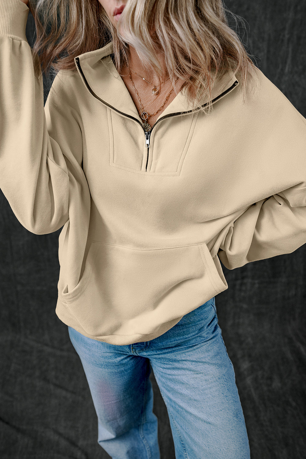 Smoke Gray Zip-up Stand Neck Kangaroo Pocket Sweatshirt