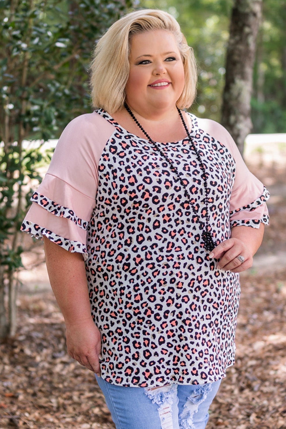 Plus Size Ruffle Raglan Sleeve Leopard Top