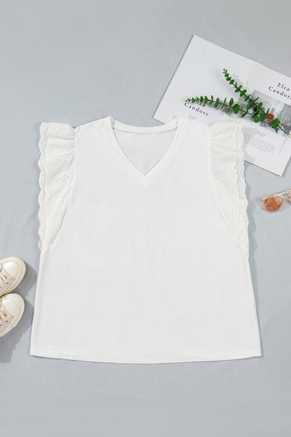 White Eyelet Crochet Splicing Short Sleeve Plus Size Tee