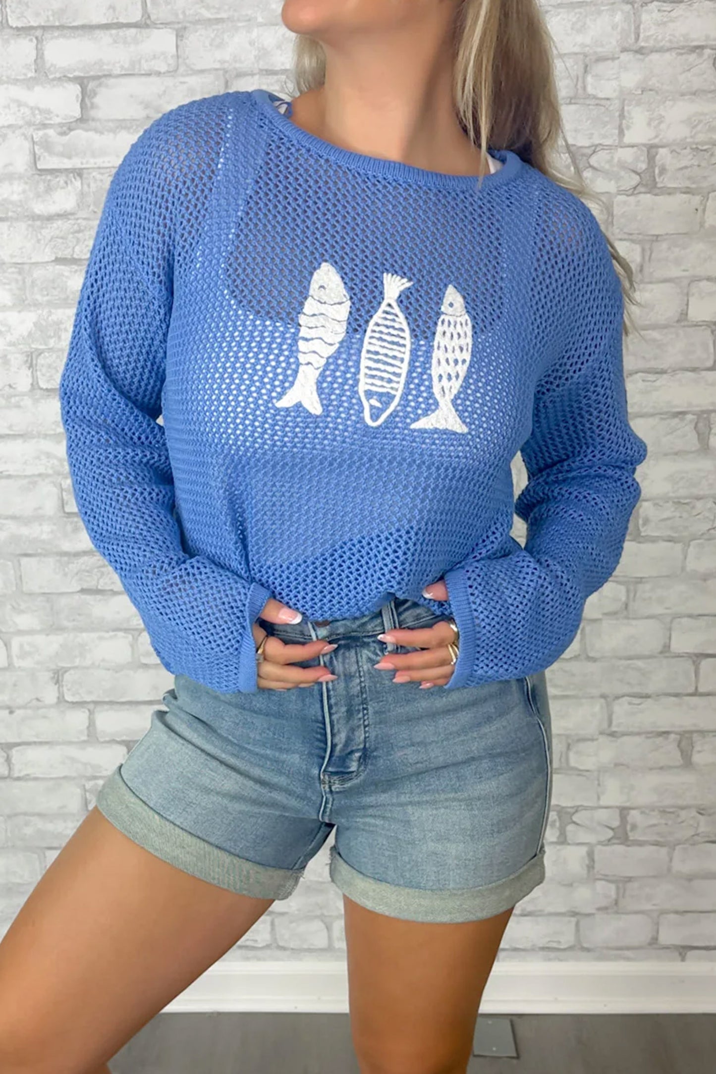 Sky Blue Open Knit Fish Embroidered Casual Sweater