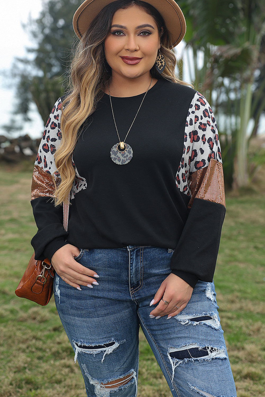 Black Leopard Sequin Patch Plus Size Long Sleeve Top