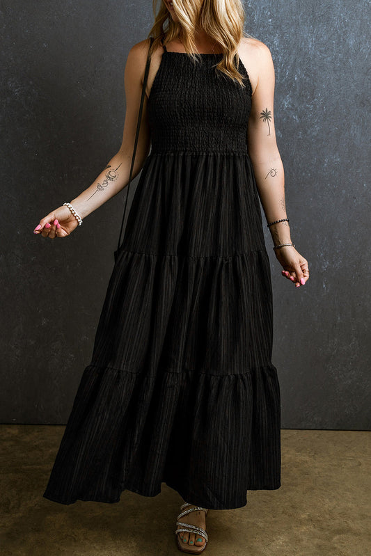 Black Spaghetti Straps Smocked Pleated Tiered Maxi Dress