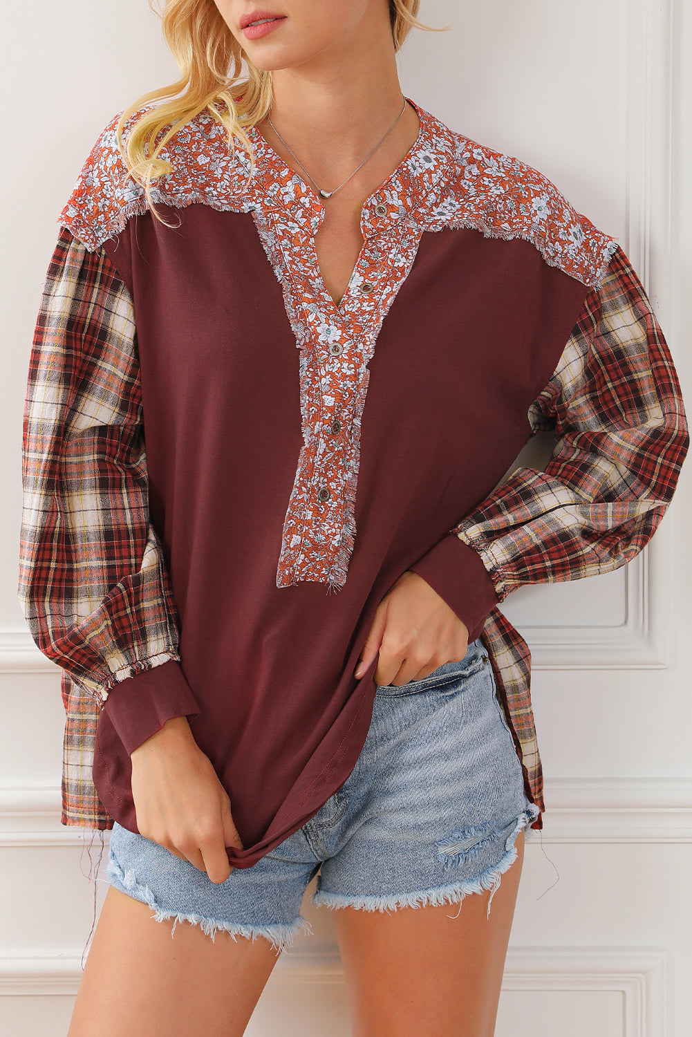 Red Dahlia Mixed Print Half Buttons Plus Size Pullover Top