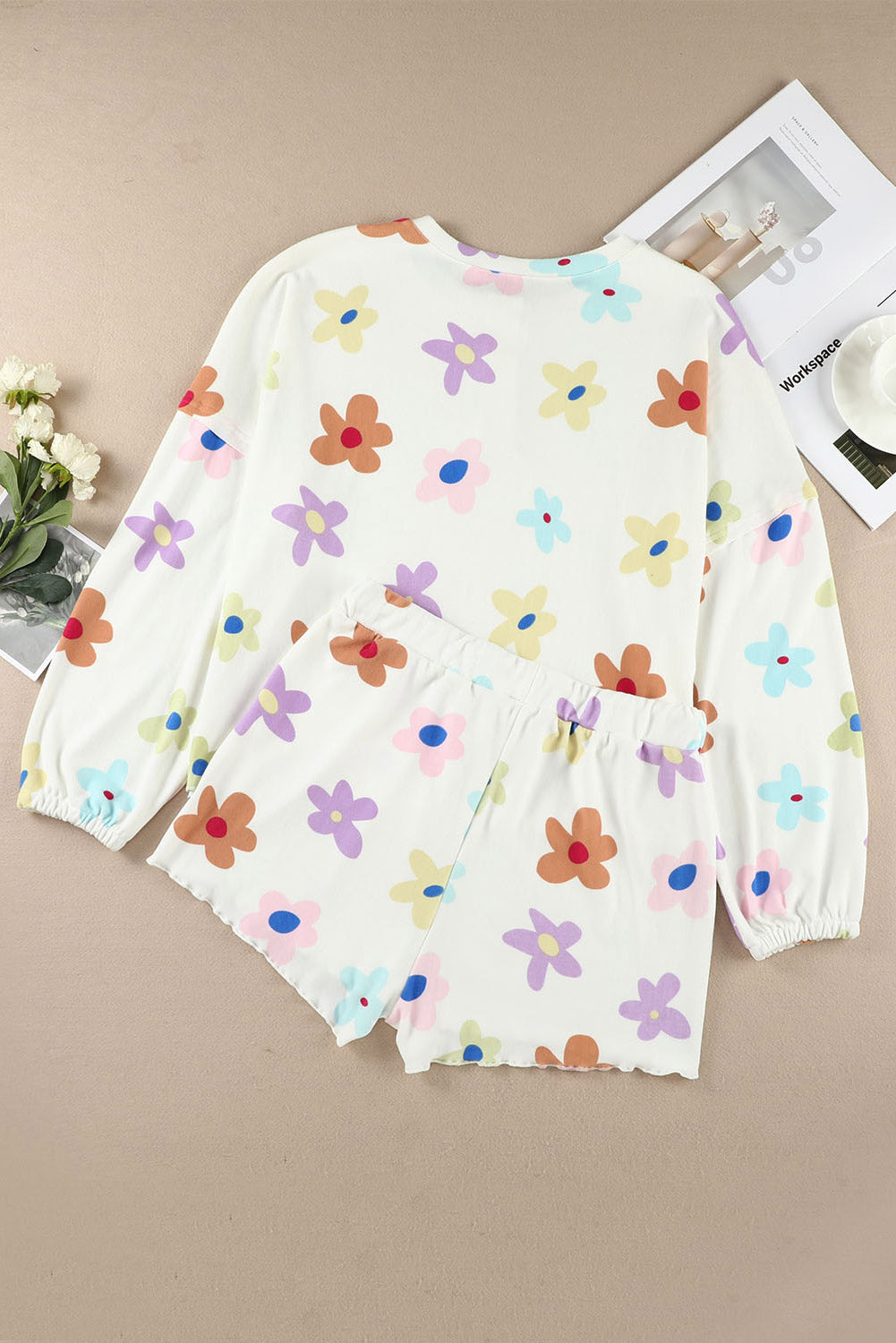 Flower Print Short Sleeve High Waist Two Piece Shorts Set