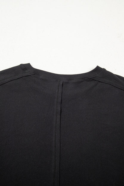 Black Solid Color Bow Textured Patchwork Long Sleeve Tee