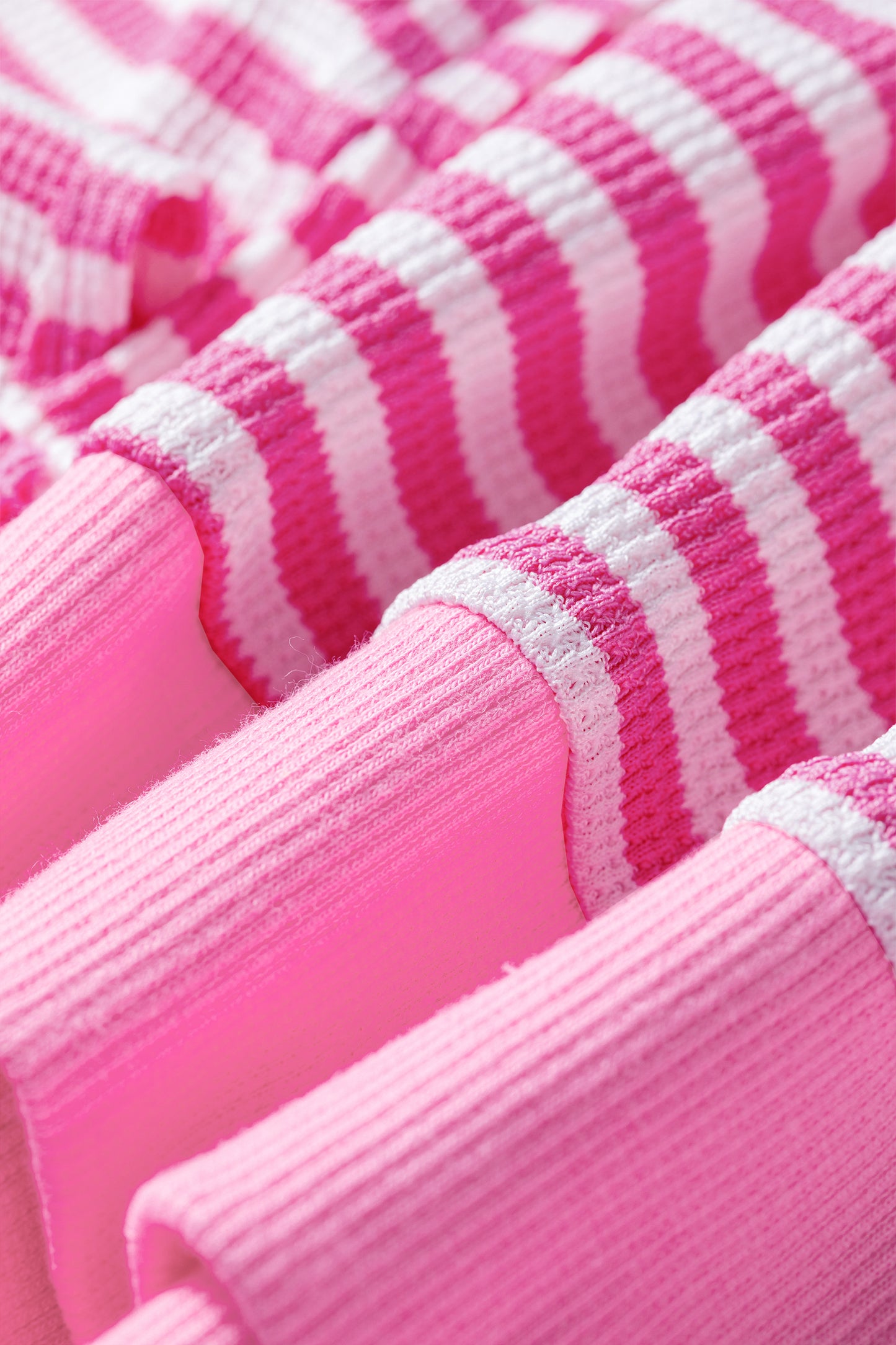 Pink Stripe Textured Knit Color Block Trim Split Hem Long Sleeve Top