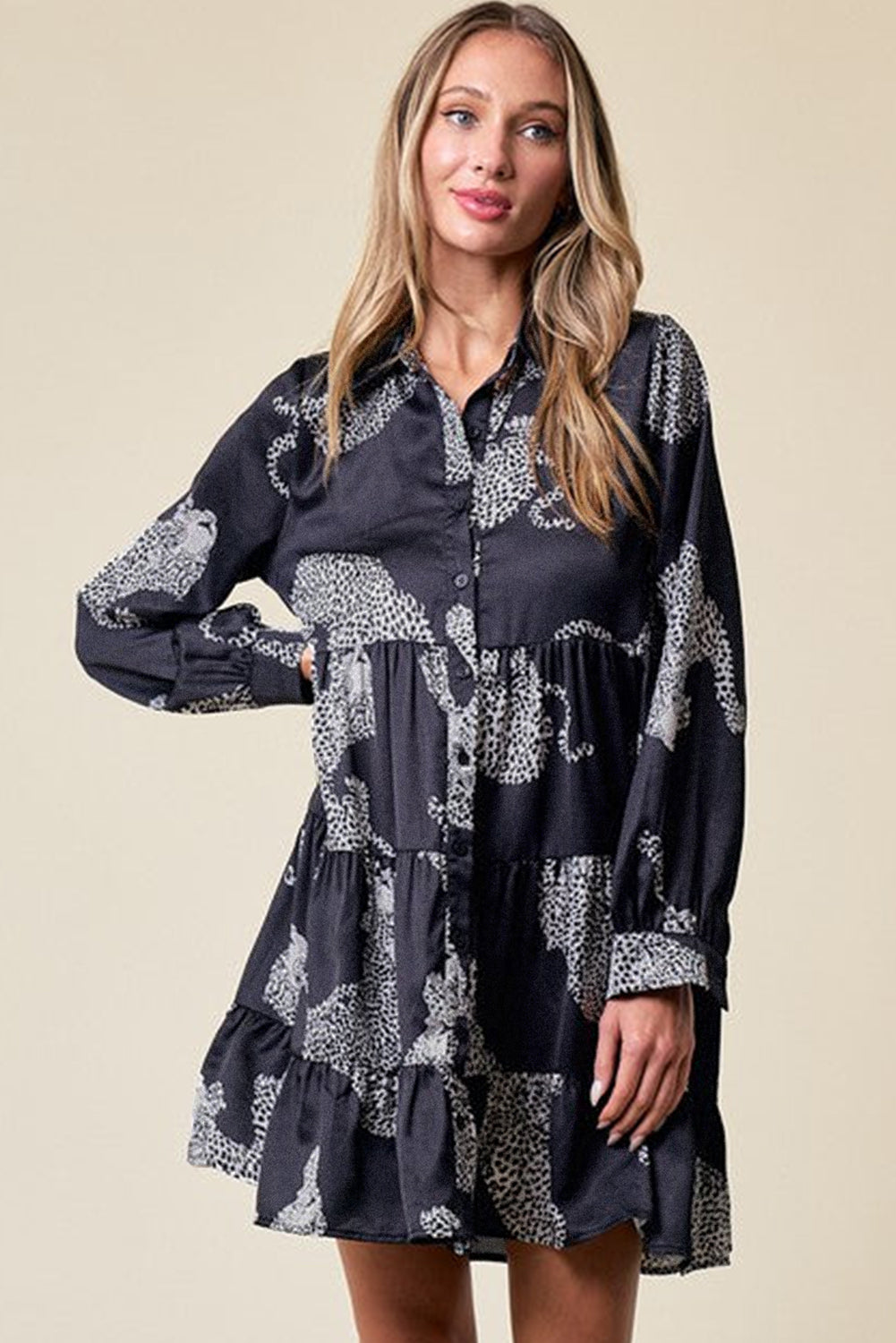 Black Printed Cheetah Print Bubble Sleeve Blouse