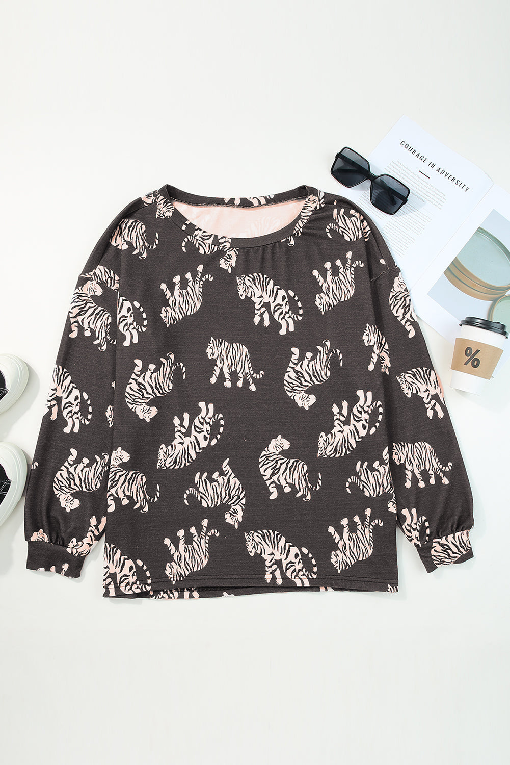 Black Printed Cheetah Print Bubble Sleeve Blouse