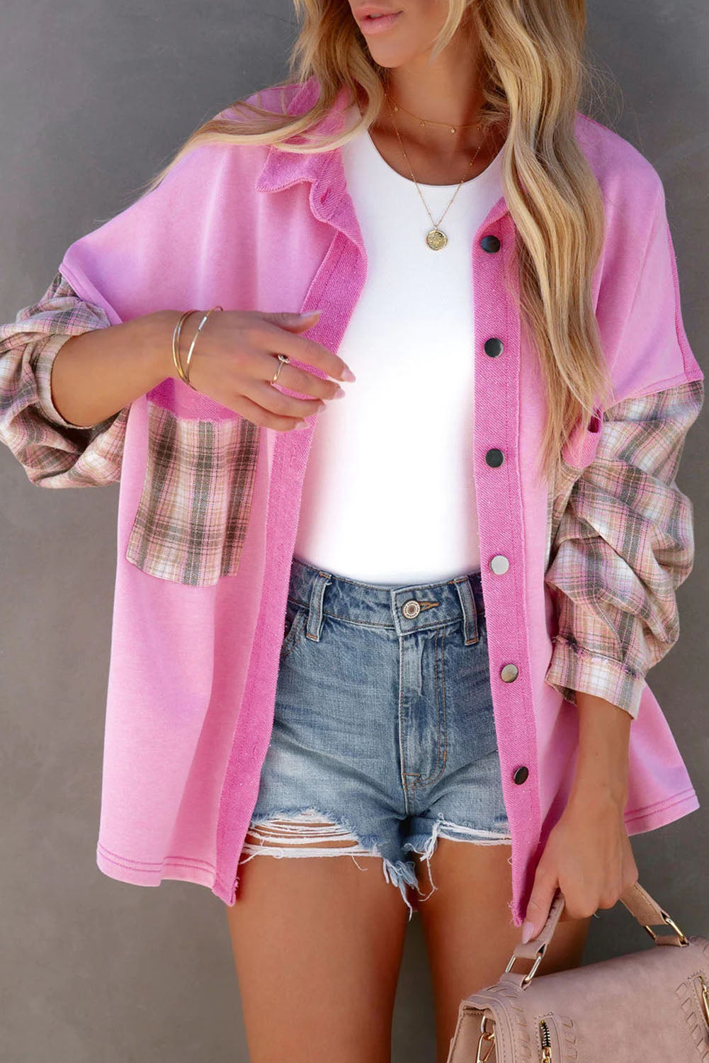 Rose Plaid Patchwork Chest Pockets Oversized Shirt Jacket