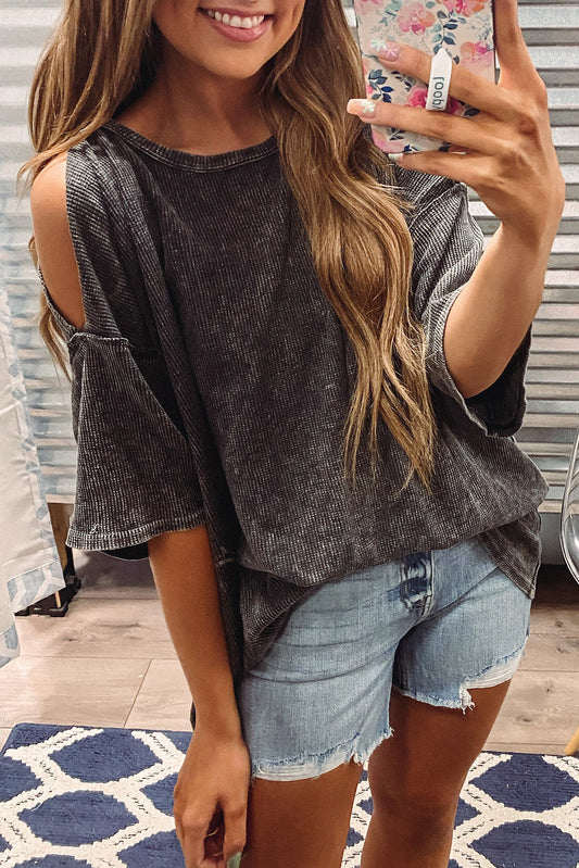 Vintage Cold Shoulder Textured Loose Top