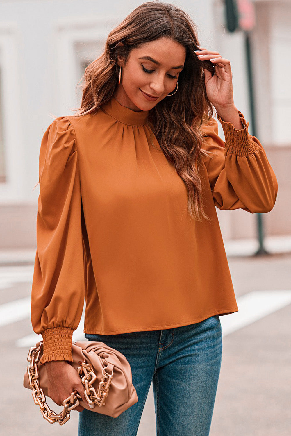 Black Long Bubble Sleeve Mock Neck Chiffon Top