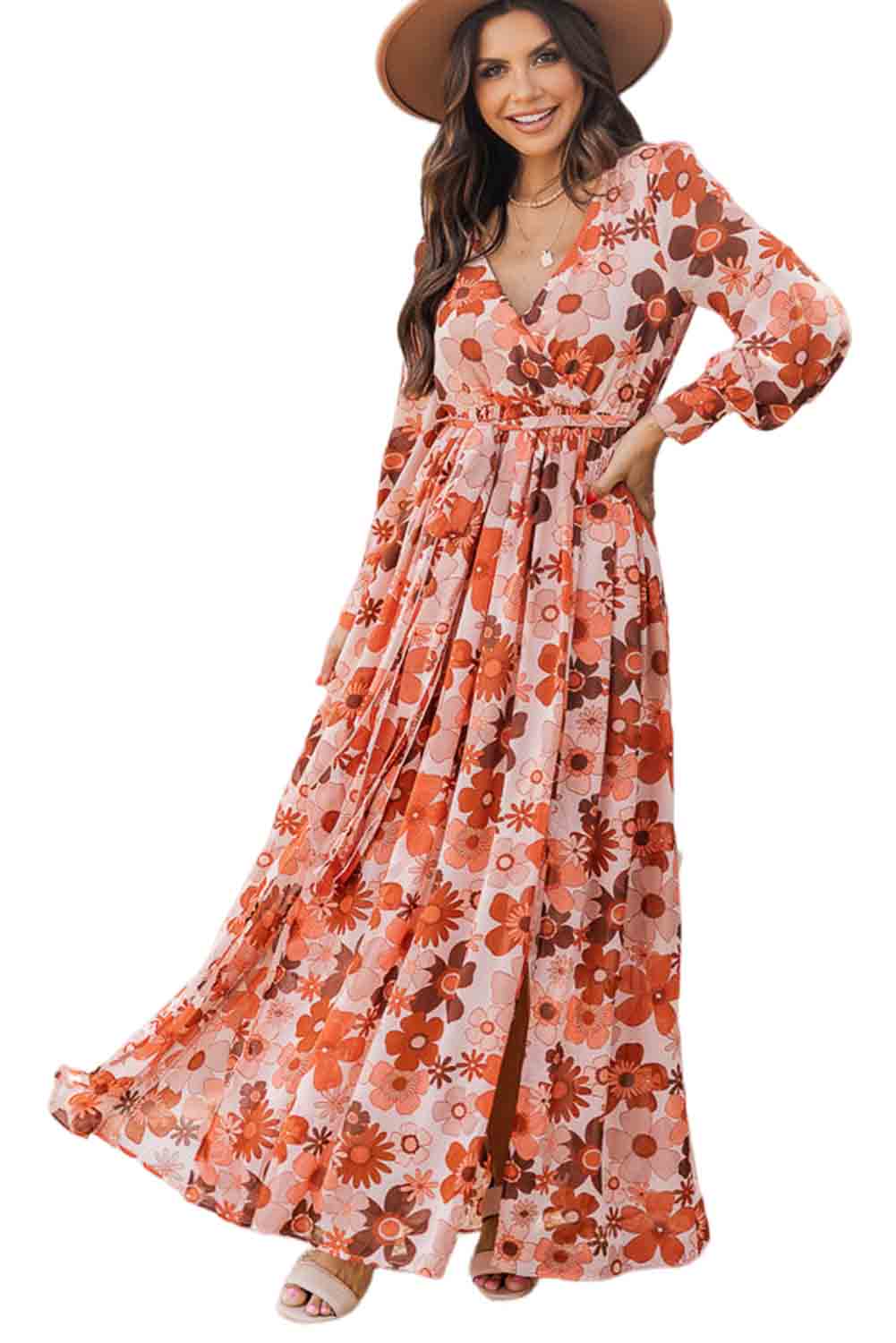 Floral V-Neck Long Sleeve Belted Maxi Dress