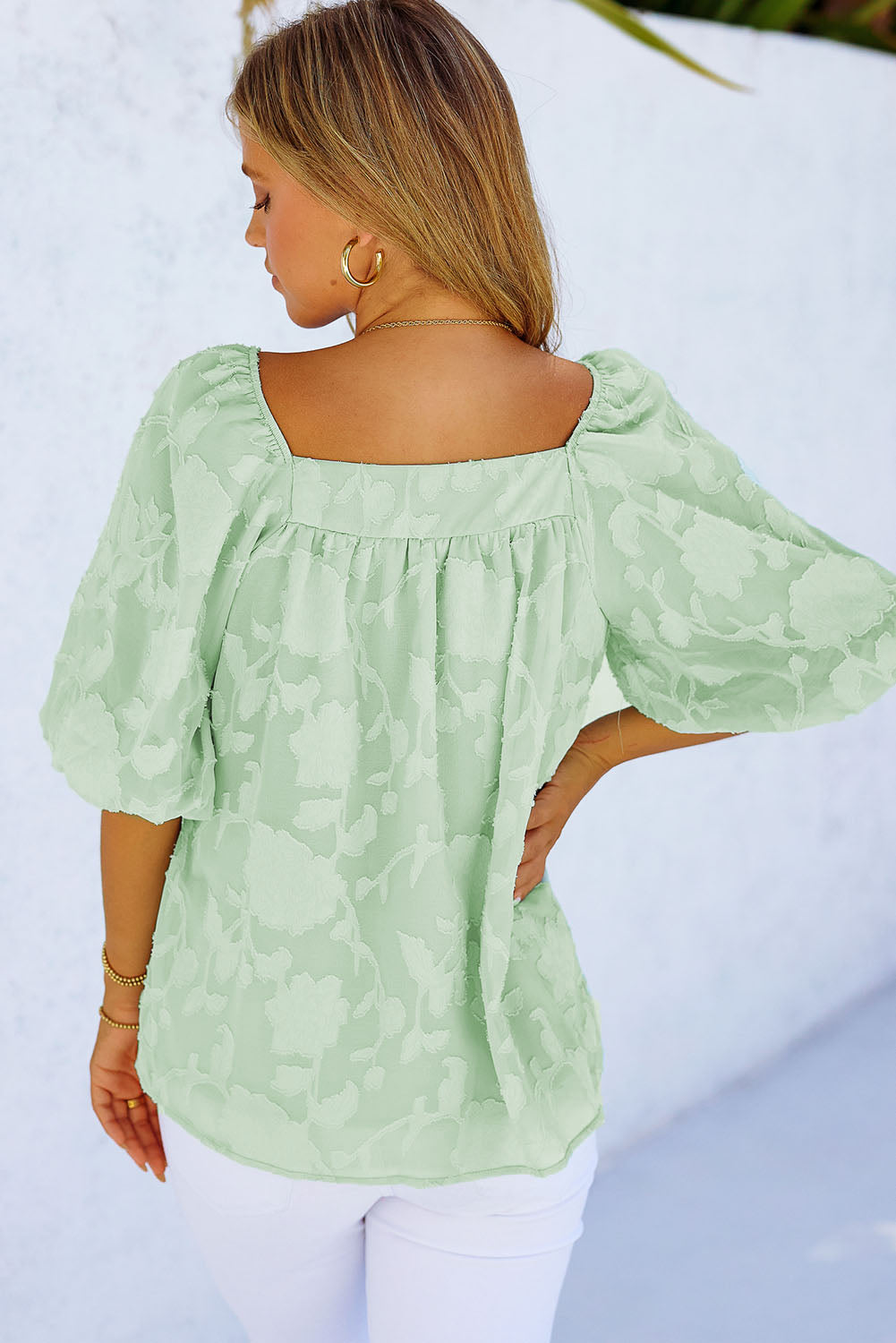 Lush Printed Balloon Sleeve Ruched Chiffon Top