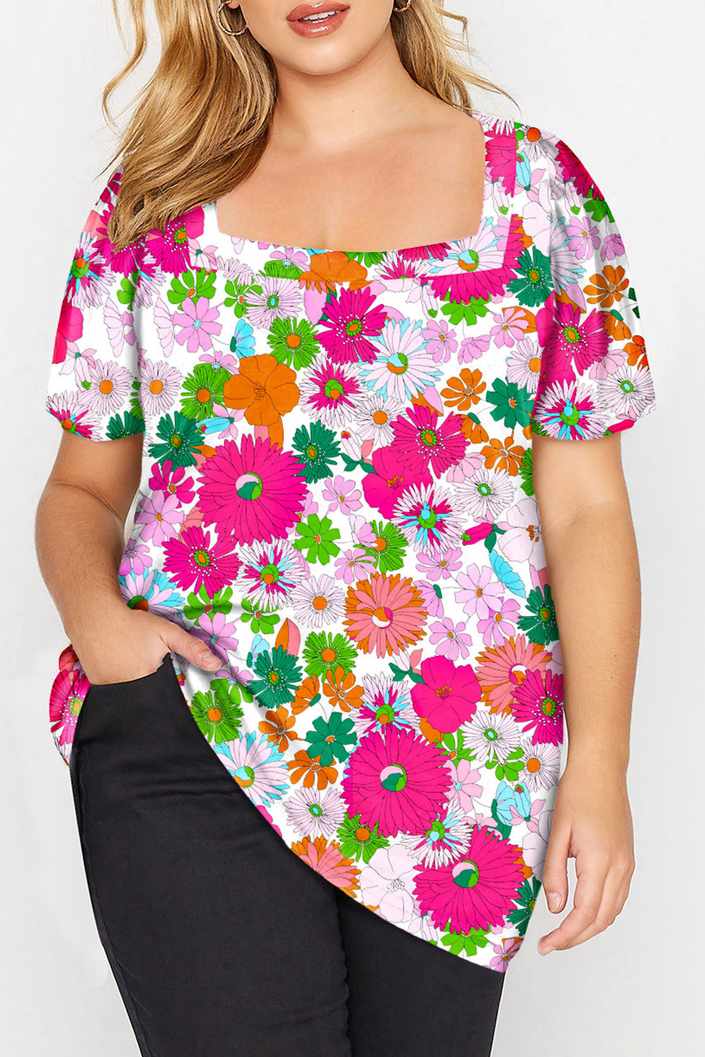 Multicolor Plus Size Square Neck Ruched Shoulder Short Sleeve Top