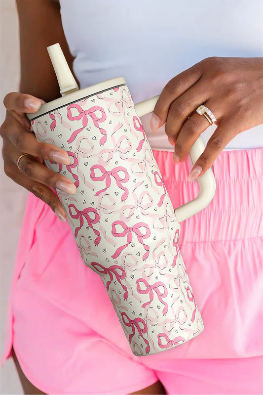 Bright Pink Bow Heart Print Tumbler Cup