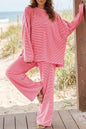 Pink Striped Drop Shoulder Long Sleeve Pant Set