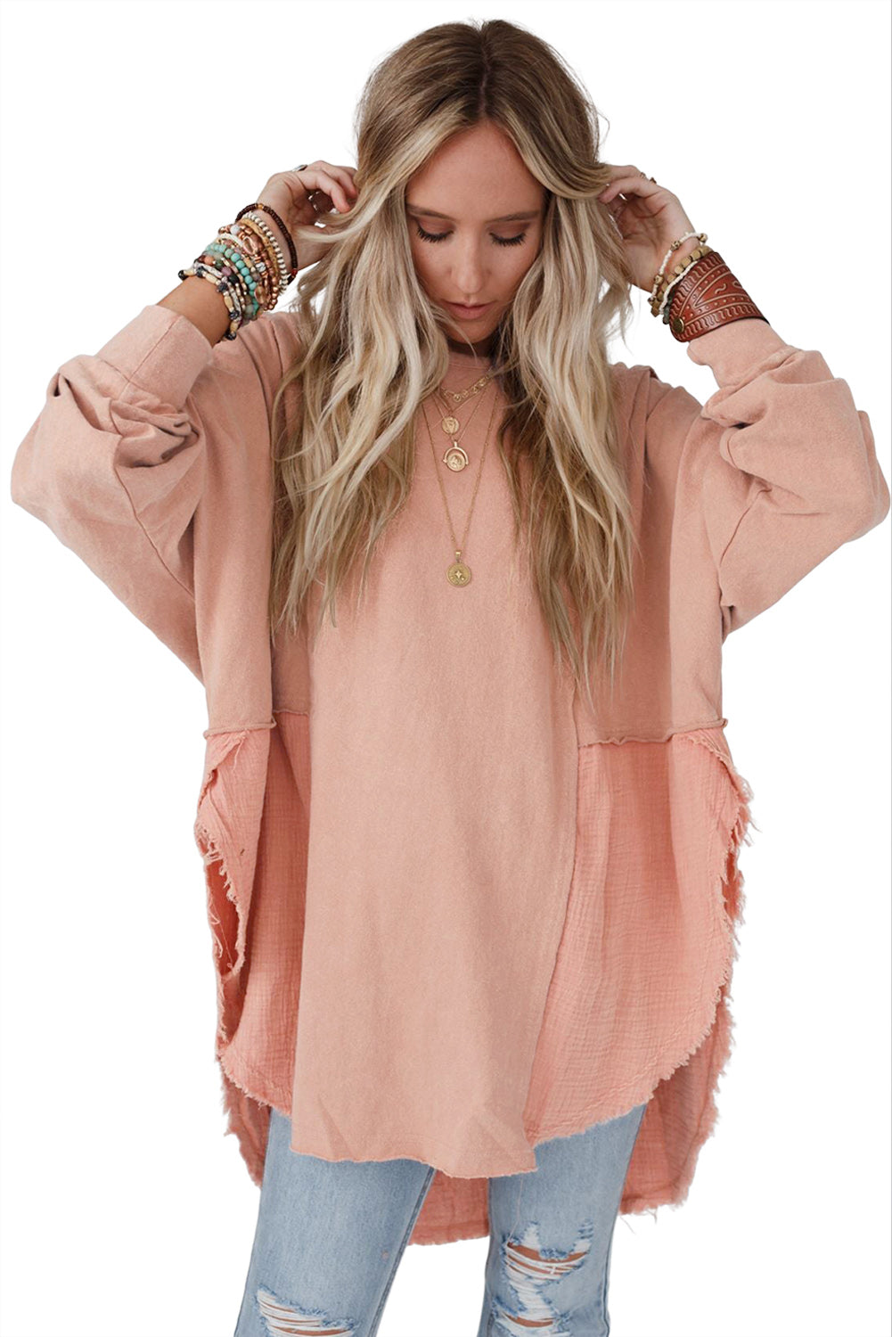 Pink Raw Edge Leopard Patchwork Oversized Blouse