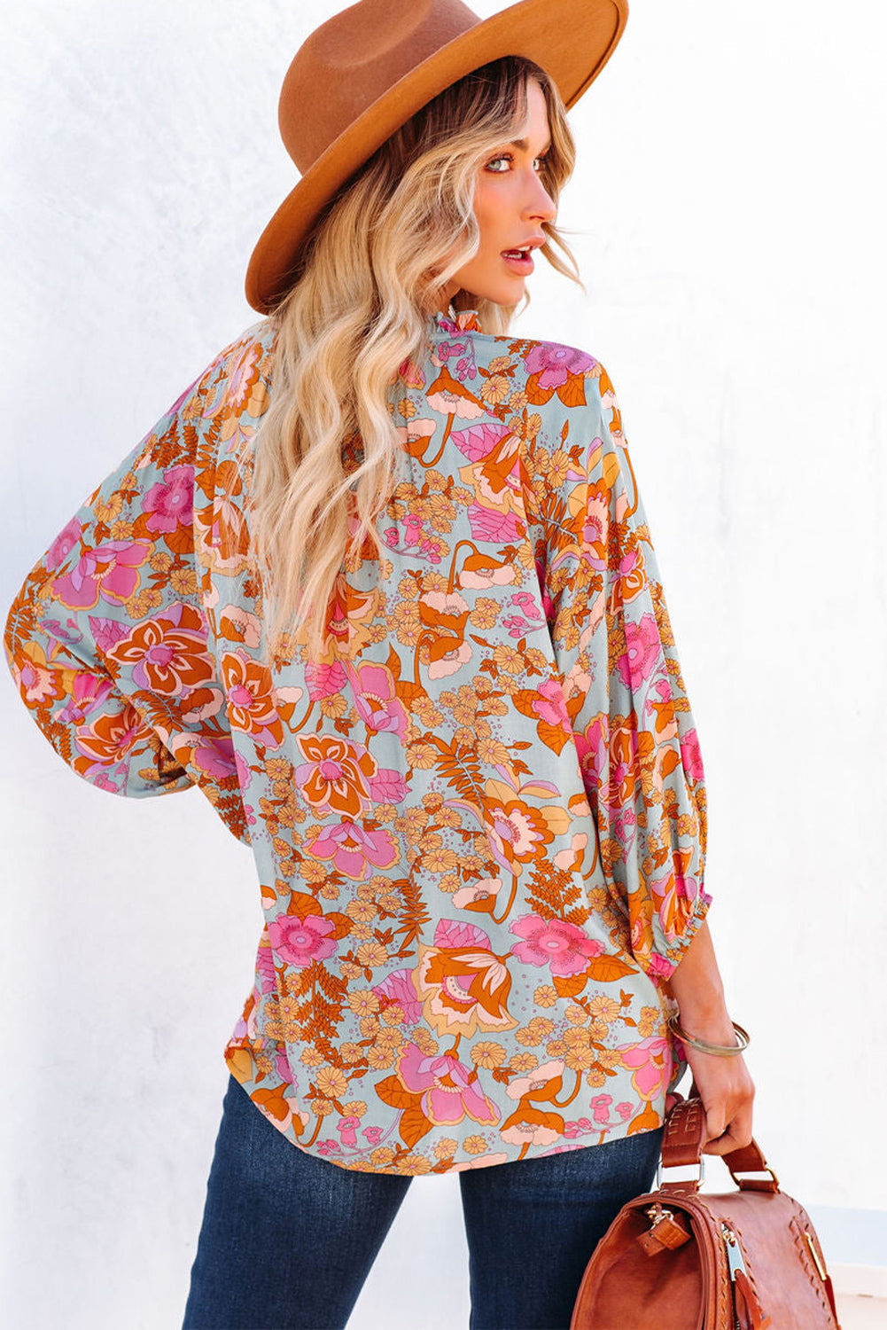 Blue Frilled Off Shoulder Floral Blouse