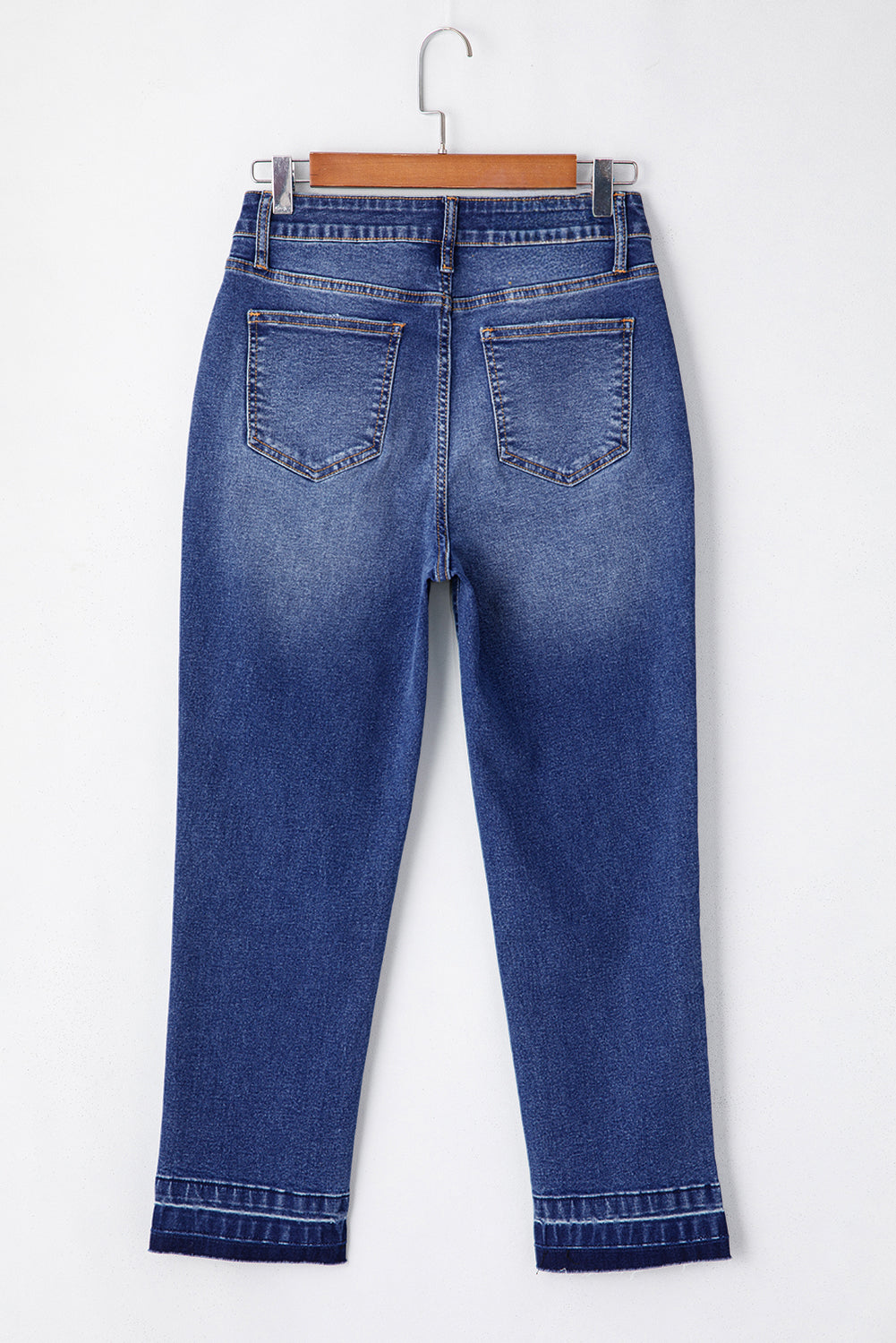 Dark Blue Whiskered Wash Raw Hem Cropped Jeans