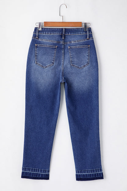 Dark Blue Whiskered Wash Raw Hem Cropped Jeans
