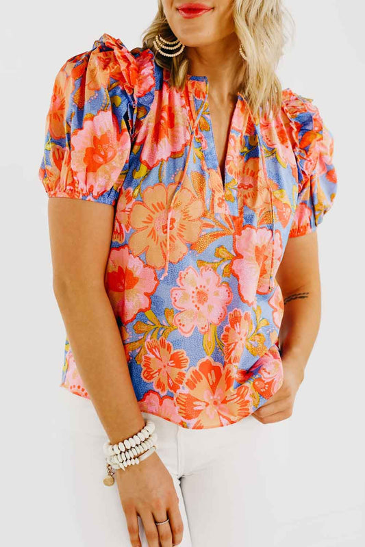 Multicolor Floral Bubble Sleeve V-Neck Plus Size Blouse