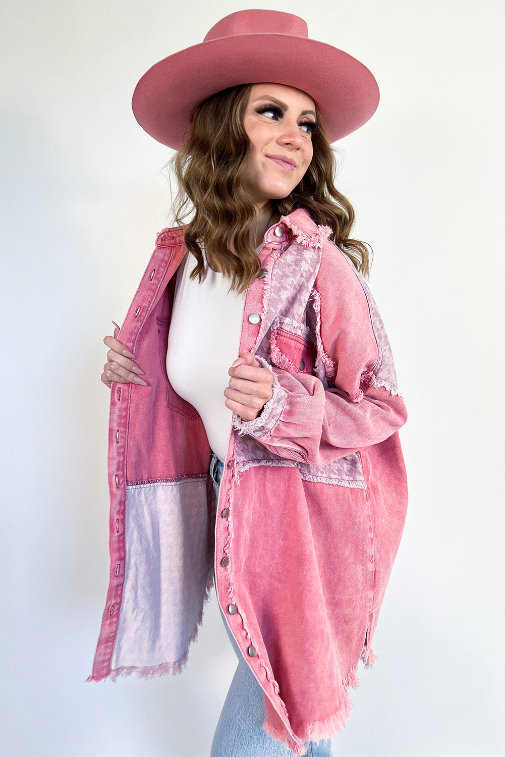 Pink Retro Distressed Houndstooth Patchwork Denim Jacket