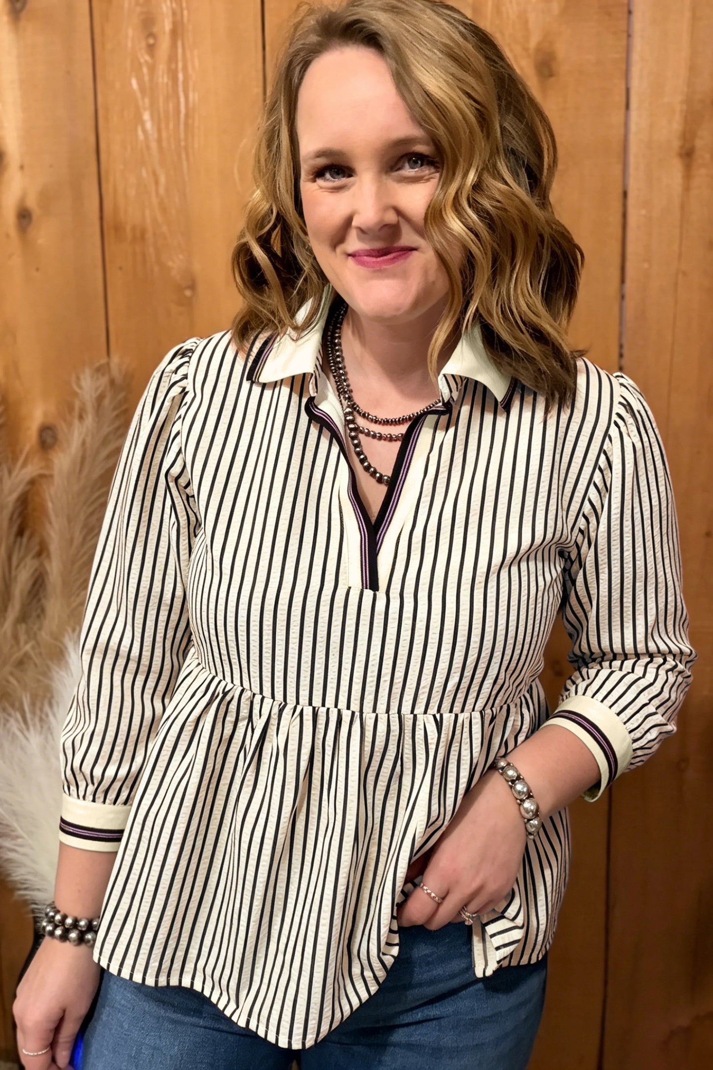Black Stripe Patchwork Striped V Neck Tunic Plus Size Blouse