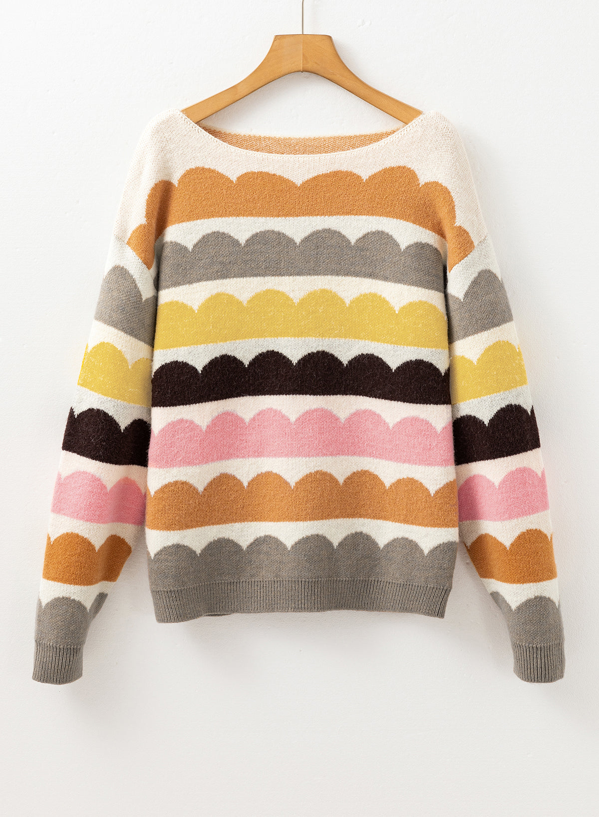 Yellow Wave Striped Balloon Sleeve Drop Shoulder Sweater