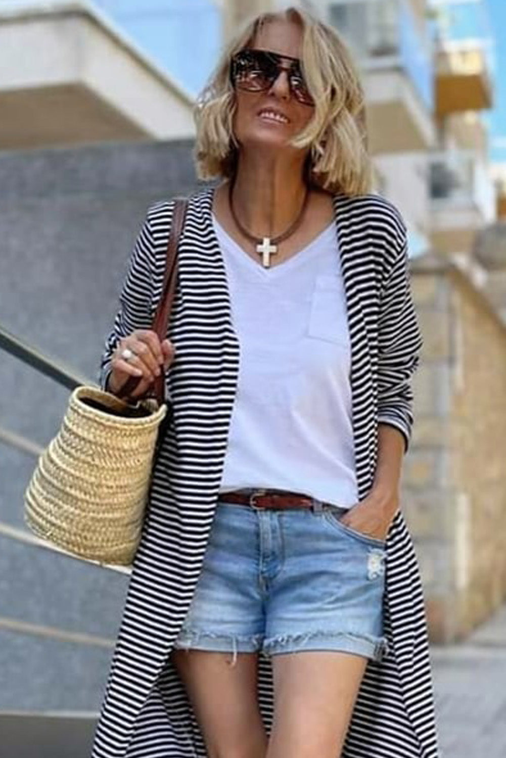 Stripe Open Front Long Cardigan