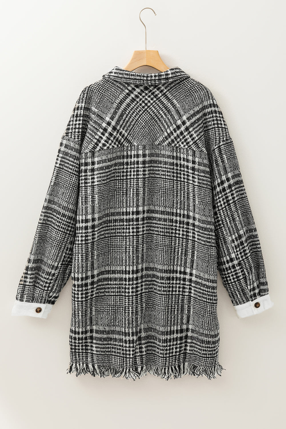 Black Plus Size Plaid Fringe Hem Midi Coat