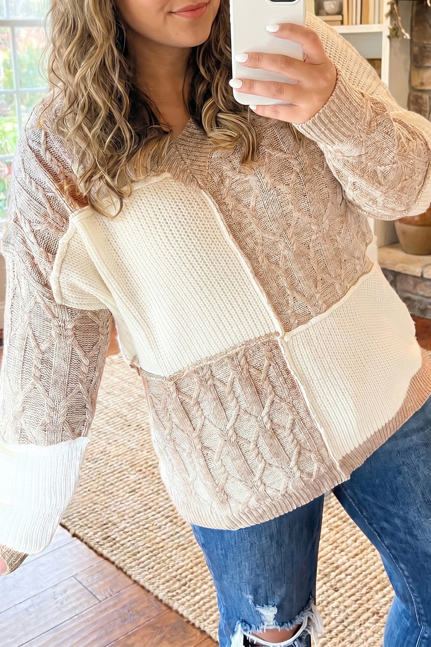 Parchment Colorblock V Neck Long Sleeve Tunic Loose Fit Plus Size Sweater