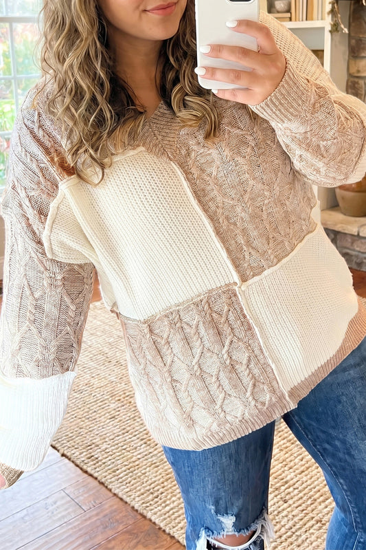 Parchment Colorblock V Neck Long Sleeve Tunic Loose Fit Plus Size Sweater