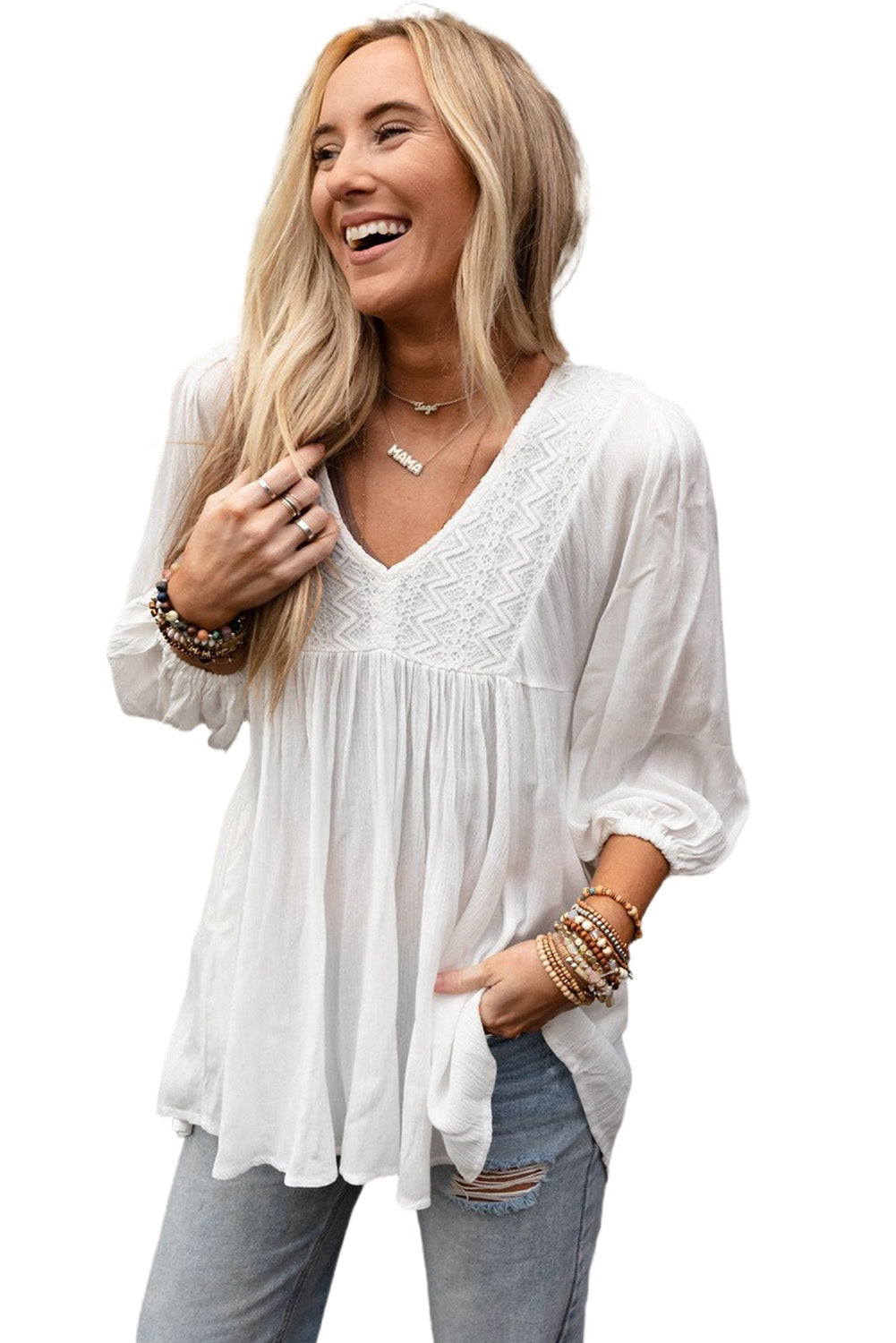 Lace V-Neck Bracelet Sleeve Ruffle Blouse