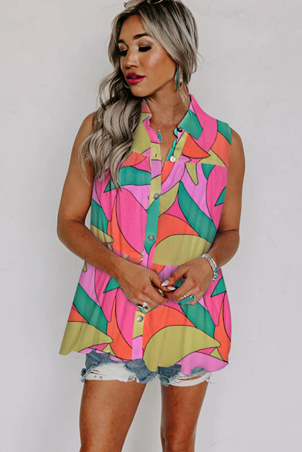 Multicolor Geometric Abstract Print Long Sleeve Shirt Dress