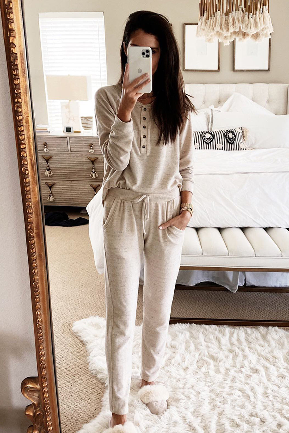 Long Sleeve Button Top and Drawstring Pants Set