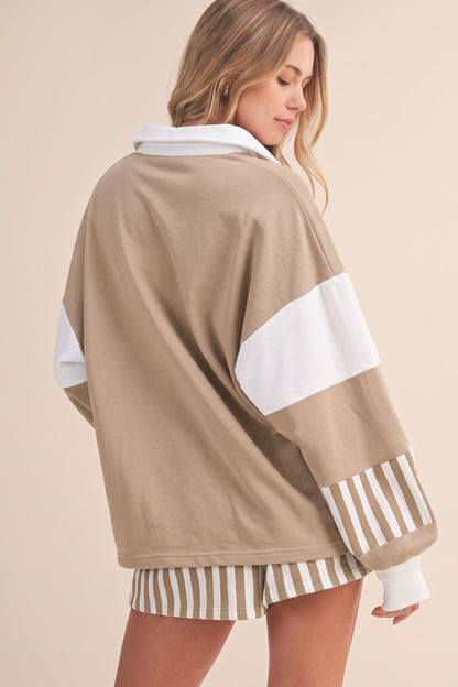 Smoke Green Striped Color Block Pullover Top Drawstring Shorts Set