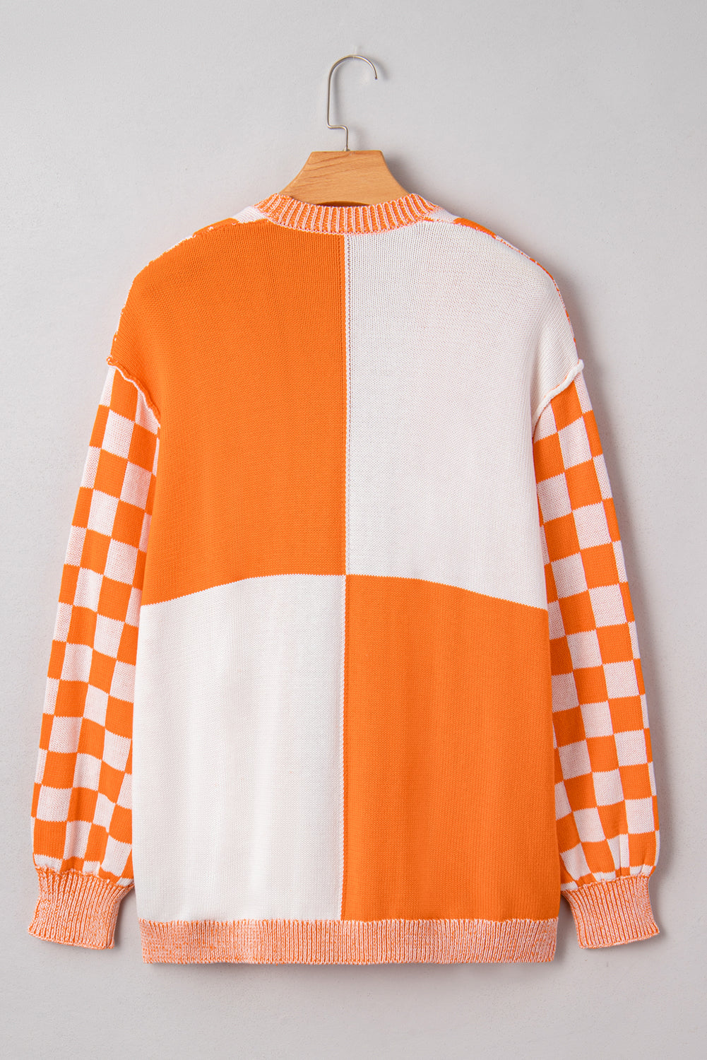 Orange Checkered Bubble Sleeve Plus Size Drop Shoulder Knit Cardigan