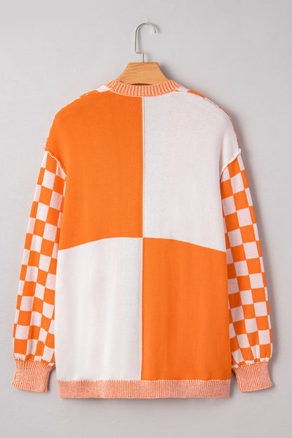 Orange Checkered Bubble Sleeve Plus Size Drop Shoulder Knit Cardigan