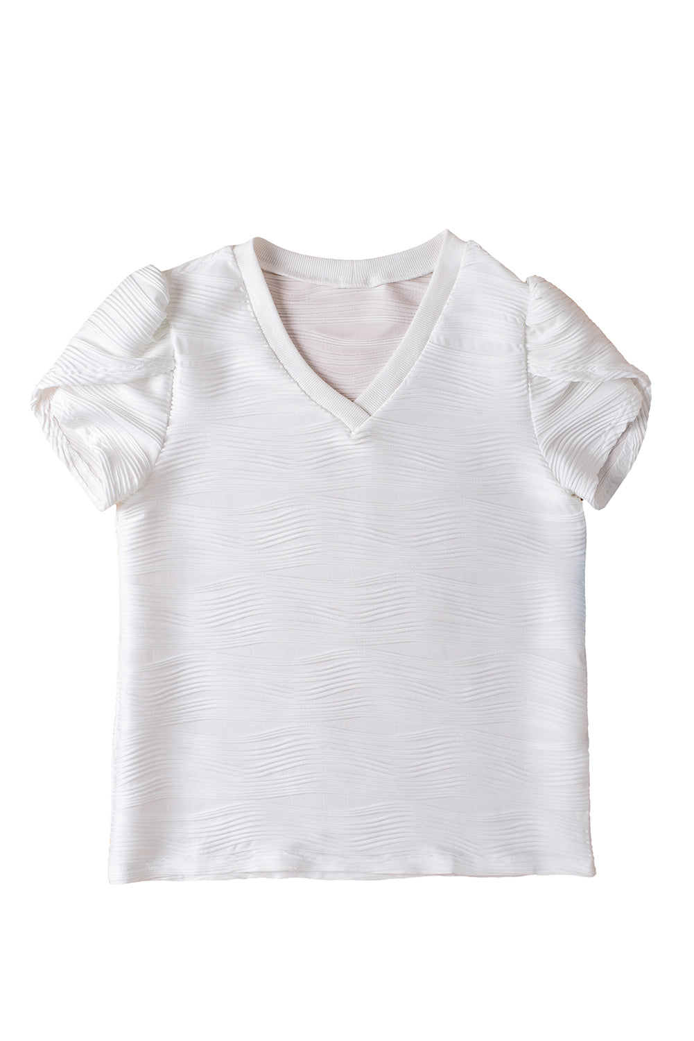 White Solid Color Textured V Neck Short Sleeve Top