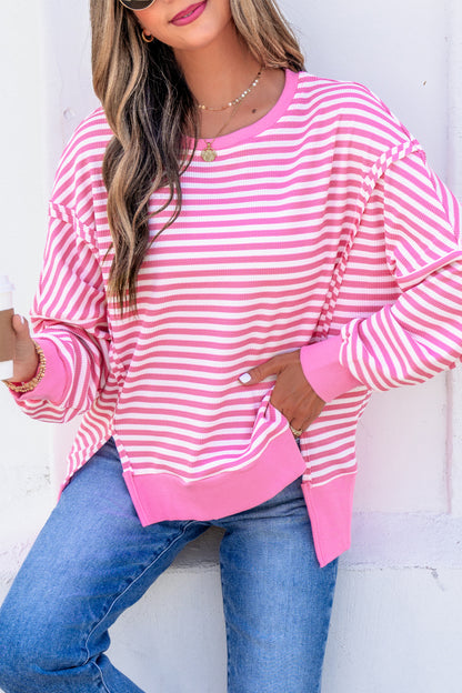 Pink Stripe Textured Knit Color Block Trim Split Hem Long Sleeve Top