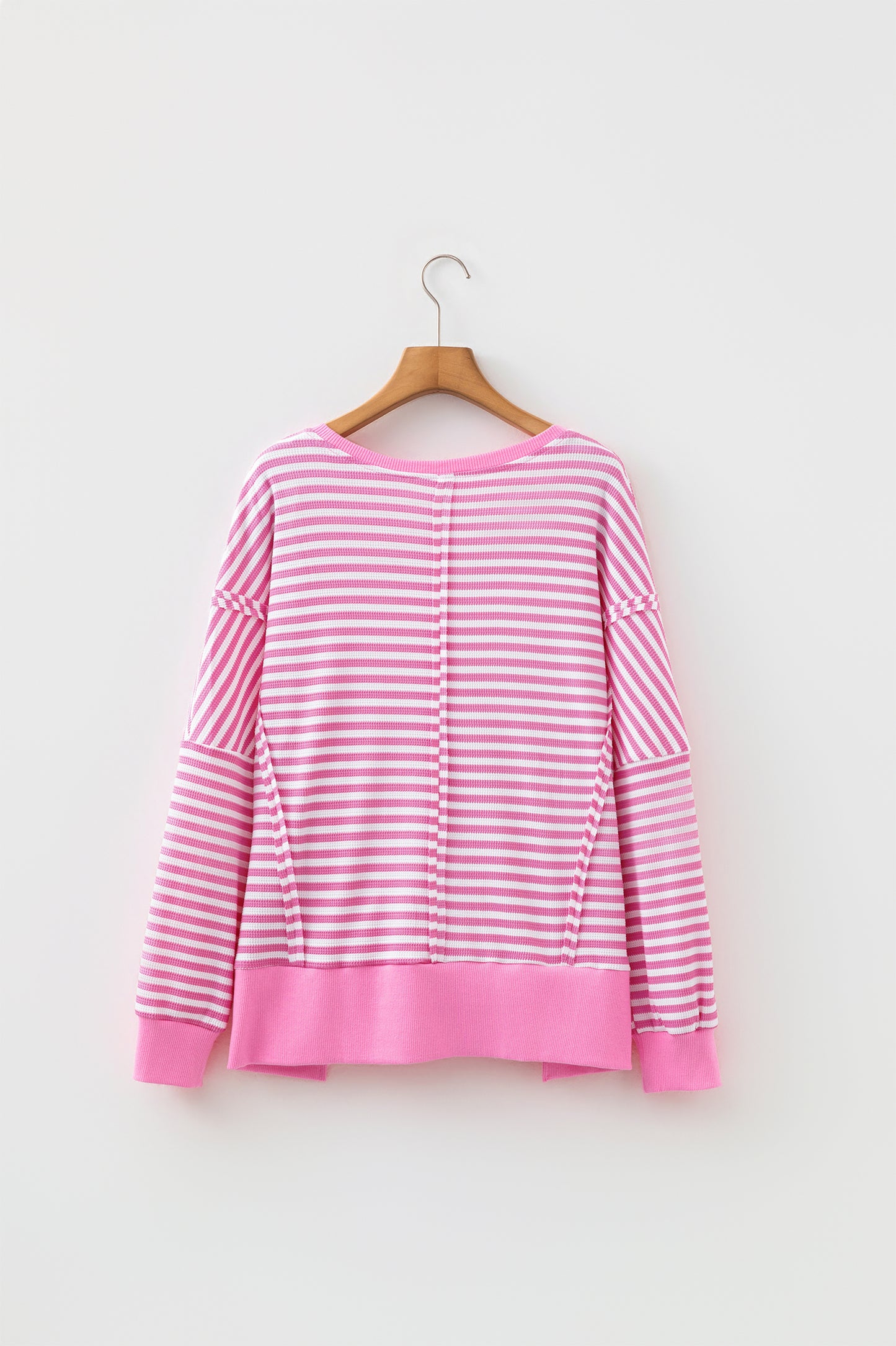 Pink Stripe Textured Knit Color Block Trim Split Hem Long Sleeve Top