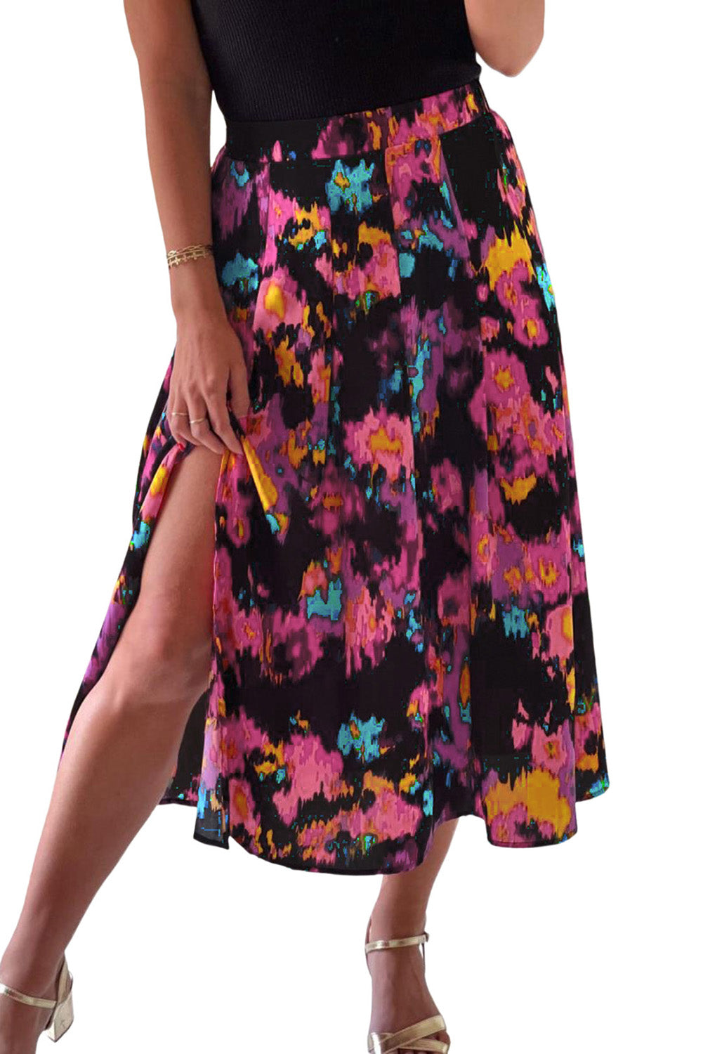 Abstract Floral Print Pleated Slit Skirt