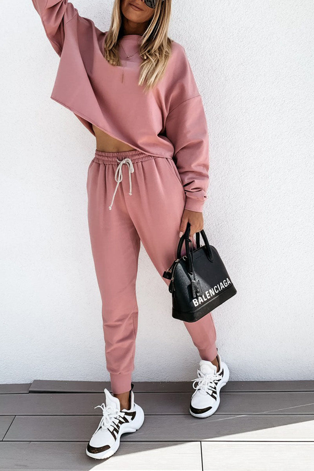 Pink Solid Sport Boxy Fit Pullover & Pants Outfit