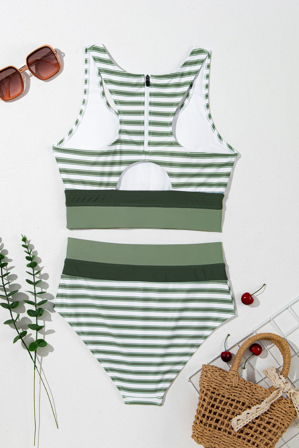 White Stripe Zipped Cut out Racer Back High Waisted Bikini