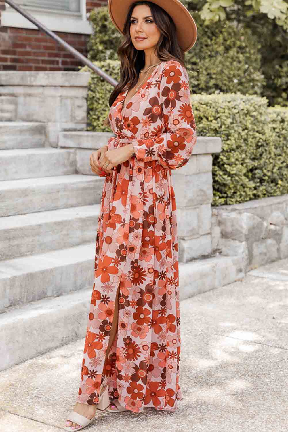 Floral V-Neck Long Sleeve Belted Maxi Dress