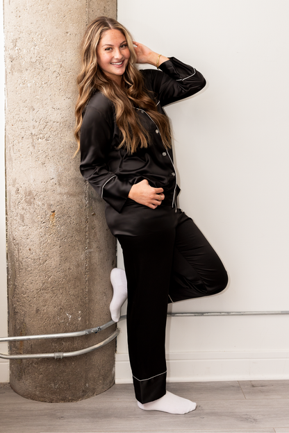 Black Satin Pajama Pants Set